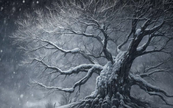 HD PC desktop wallpaper depicting a snowy winter scene with a large, ancient tree covered in snow, created as AI art showcasing nature’s quiet beauty.