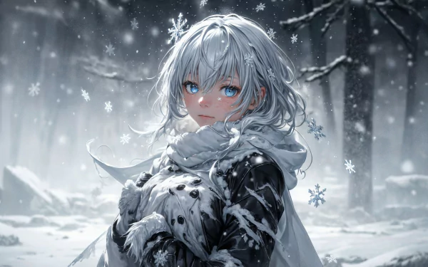 Anime girl with white hair in a winter wonderland, surrounded by snow. HD desktop wallpaper perfect for the season.