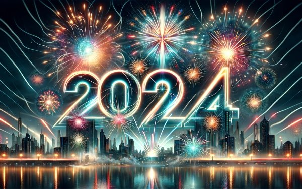 Vibrant 2024 fireworks display over city skyline HD wallpaper for desktop background.