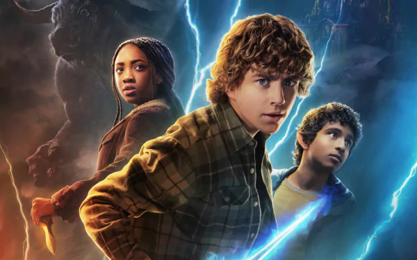 HD desktop wallpaper featuring characters from the TV show Percy Jackson and the Olympians, showcasing dynamic action and a mystical backdrop with lightning.