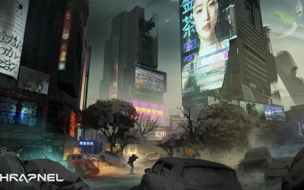 HD wallpaper featuring a dystopian cityscape from the video game Shrapnel with neon signage and abandoned vehicles.