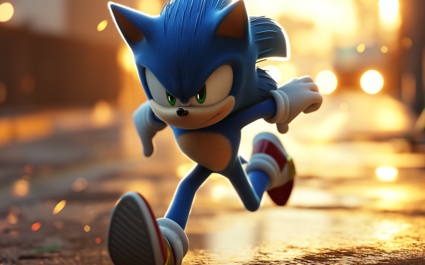 HD desktop wallpaper featuring Sonic the Hedgehog in action from the popular video game series, with a dynamic sunset background.