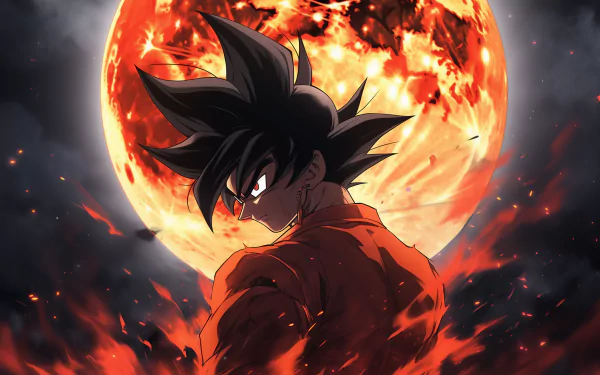 HD wallpaper featuring Black Goku from Dragon Ball Super with a fiery backdrop and an ominous red moon.