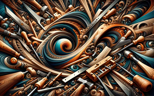HD desktop wallpaper featuring an artistic abstract design of woodworking tools and wood grain patterns in a swirling composition.