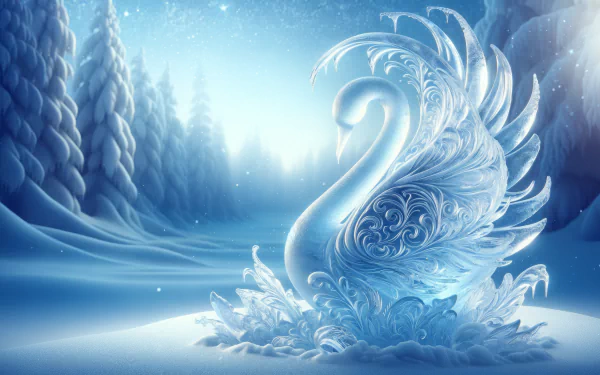 An enchanting ice sculpture of a swan, intricately detailed, set against a serene winter landscape, creates a stunning HD desktop wallpaper and background.