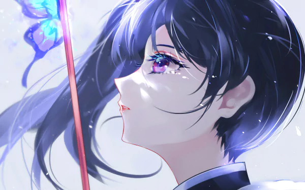 HD wallpaper featuring Kanao Tsuyuri from Demon Slayer: Kimetsu no Yaiba, with a focus on her profile and a radiant blue butterfly.