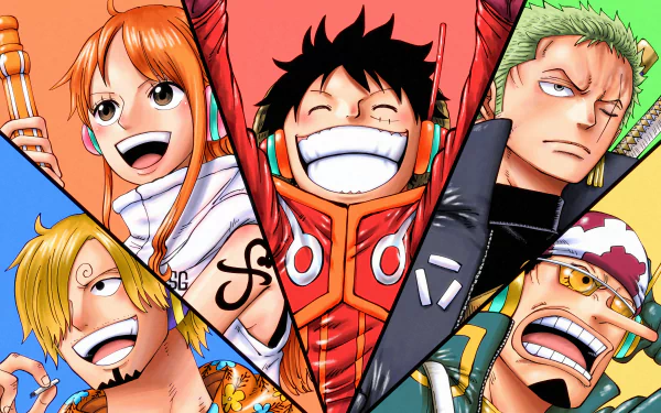 HD desktop wallpaper and background featuring characters from the anime One Piece, showcasing five characters with various expressions and vibrant colors.