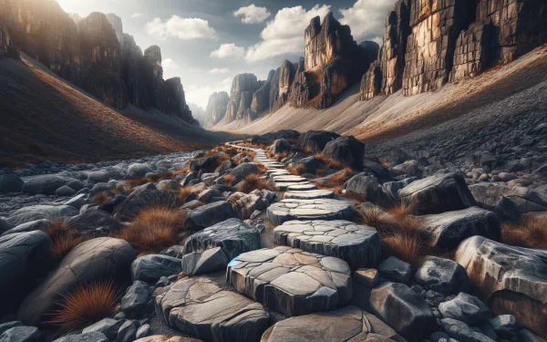 HD wallpaper of a scenic hiking trail through a rocky canyon with stepping stones and dramatic cliffs under a partly cloudy sky.