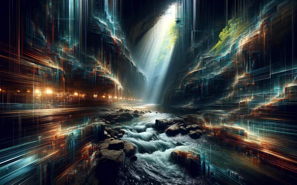 HD desktop wallpaper featuring an enchanting underground river flowing through a majestic, illuminated cave.