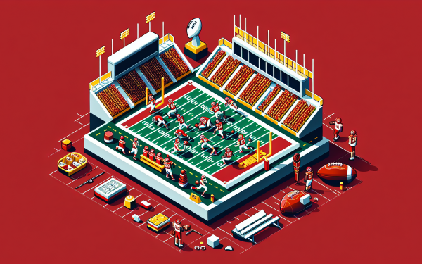 Alt Text: High-definition desktop wallpaper featuring a stylized isometric illustration of a Kansas City Chiefs football game scene, perfect for fans looking for a vibrant background.