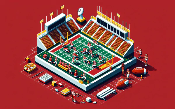 An HD desktop wallpaper featuring a vibrant illustration of a football stadium, complete with players, equipment, and Kansas City Chiefs branding.