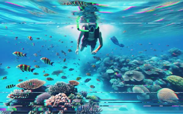 Snorkeler exploring a vibrant coral reef with colorful fish in a high-definition snorkeling desktop wallpaper and background.