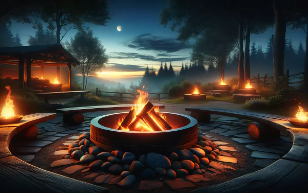 A cozy fire pit surrounded by stones, with glowing flames amidst a serene twilight forest. This HD wallpaper captures a tranquil outdoor setting.