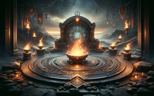 Enchanting fantasy fire pit HD wallpaper with mystical symbols and mountain backdrop for desktop background.
