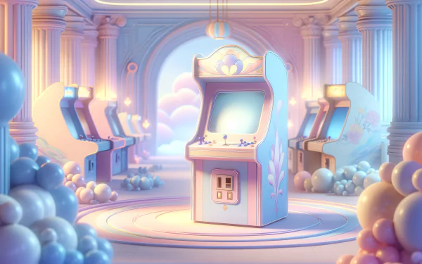 A serene arcade scene featuring a central arcade machine surrounded by pastel-colored clouds and arcade consoles, creating a whimsical HD desktop wallpaper and background.