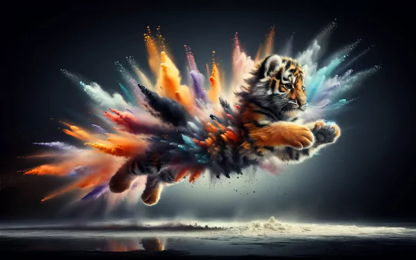 A dynamic and colorful HD wallpaper featuring a tiger cub leaping through vibrant clouds of powder, showcasing a playful and energetic scene.