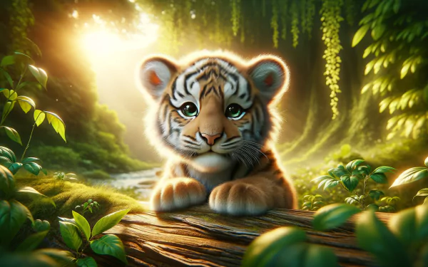HD wallpaper of an adorable tiger cub resting on a log with a lush green forest and sun rays in the background.