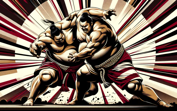 Two sumo wrestlers engage in a dynamic clash, surrounded by vibrant, explosive backgrounds. This HD image serves as a striking desktop wallpaper.