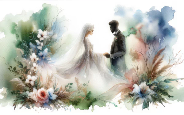 Romantic wedding-themed HD desktop wallpaper featuring an illustrative bride and groom amidst a floral watercolor background.