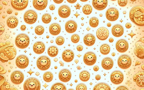 A vibrant HD desktop wallpaper featuring an assortment of whimsical gold coins with various designs against a light background.