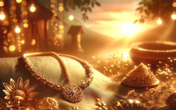 Elegant gold necklace on a luxurious fabric with a warm, glowing sunset background - HD desktop wallpaper.