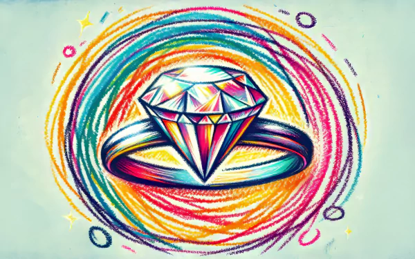 Colorful HD desktop wallpaper featuring an artistic illustration of a sparkling diamond ring with vibrant rainbow swirls and twinkling stars in the background.