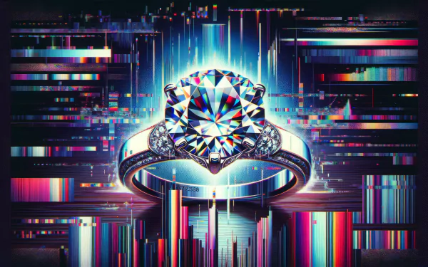 HD wallpaper featuring an exquisite diamond ring with a glimmering gemstone set against a vibrant abstract digital background.