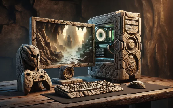 HD desktop wallpaper featuring an artistically designed gaming PC setup with a stone-themed case and monitor on a wooden desk.