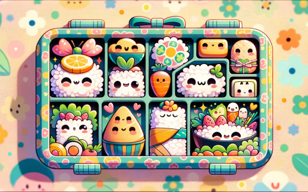 Colorful animated bento box HD desktop wallpaper with cute food characters and floral background.
