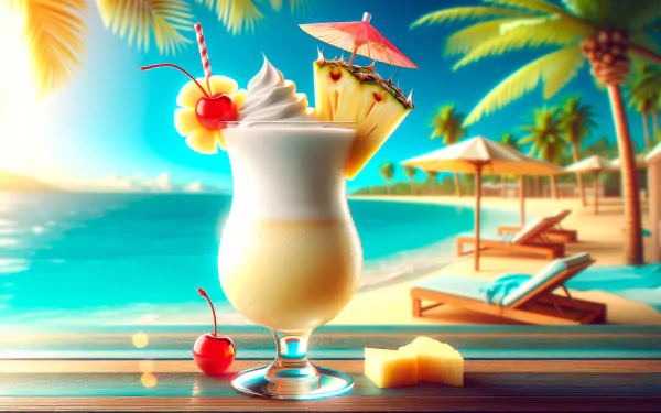 HD wallpaper featuring a Pina Colada with a cherry and pineapple garnish on a tropical beach backdrop.