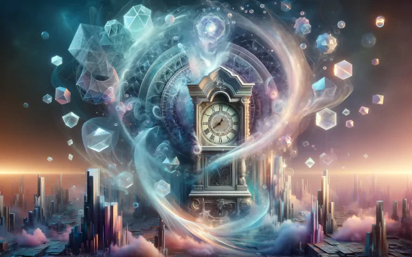 HD desktop wallpaper featuring a mystical grandfather clock surrounded by a cosmic energy swirl and floating geometric shapes.