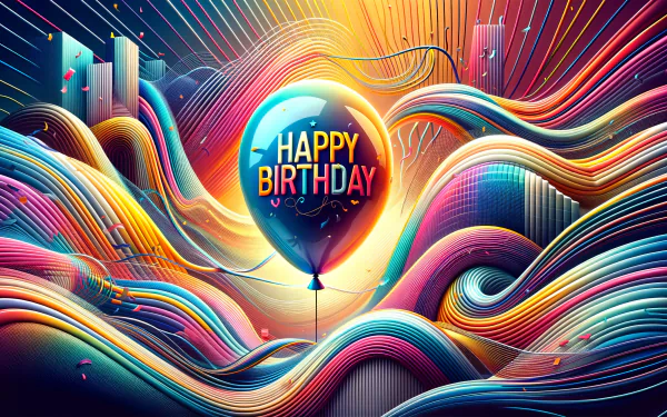Colorful Happy Birthday balloon with dynamic abstract lines on HD desktop wallpaper background.