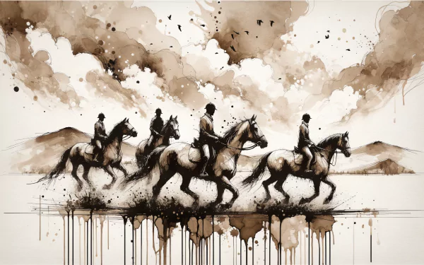 Artistic HD wallpaper featuring a sepia-toned watercolor painting of horseback riders in motion with a splattered ink effect against a backdrop of mountains.