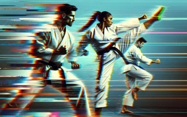 Dynamic HD wallpaper featuring karate practitioners in action, showcasing powerful movements and striking poses against a vibrant, abstract background.
