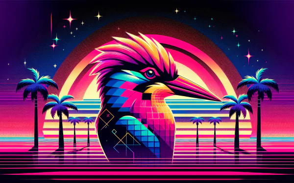 HD desktop wallpaper featuring a stylized woodpecker illustration with vibrant neon colors in a retro-futuristic setting with palm trees and a radiant sunset.