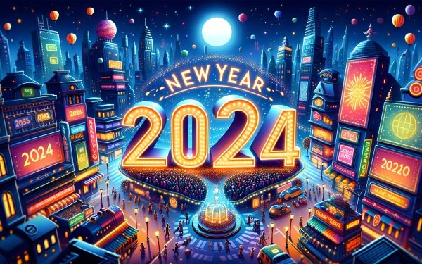 Vibrant New Year 2024 HD wallpaper with festive cityscape and colorful celebrations perfect for desktop background.