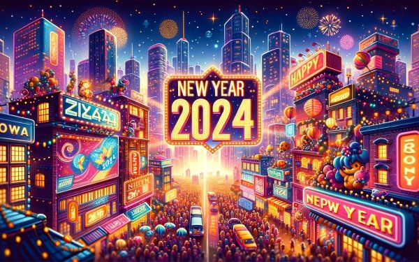 Colorful HD New Year 2024 celebration wallpaper with vibrant cityscape and fireworks display.