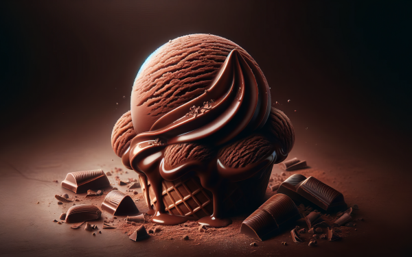 HD desktop wallpaper featuring a scoop of rich chocolate ice cream and pieces of chocolate on a dark background, perfect for ice cream enthusiasts.