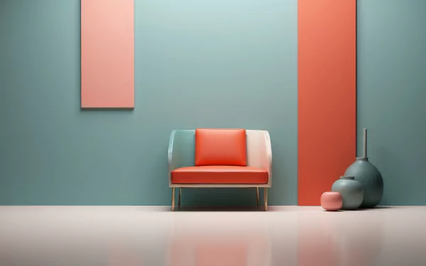 Modern living room interior featuring minimalist decor with a sleek armchair in a soft color palette, complemented by geometric wall panels and sculptural accents.