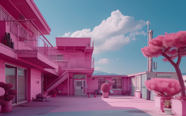 HD desktop wallpaper featuring a pink aesthetic with buildings and trees under a clear sky with fluffy clouds.