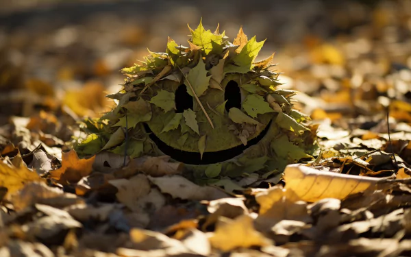 HD desktop wallpaper of a creative happy face made from autumn leaves on the ground, symbolizing joy in fall season.
