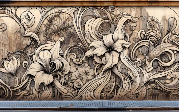 Intricate street art mural with floral patterns as HD desktop wallpaper background.