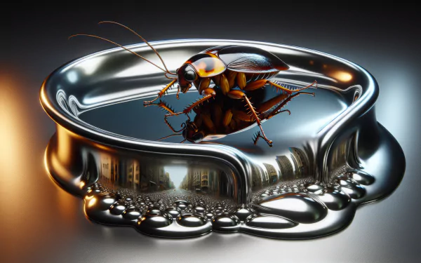 A highly detailed HD desktop wallpaper featuring a cockroach reflected in shimmering liquid, creating a surreal and artistic composition.
