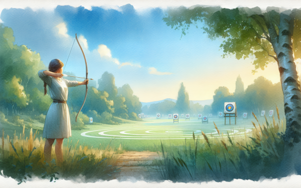 HD wallpaper featuring a serene archery scene with a person aiming a bow and arrow towards distant targets in a lush, sunlit landscape.