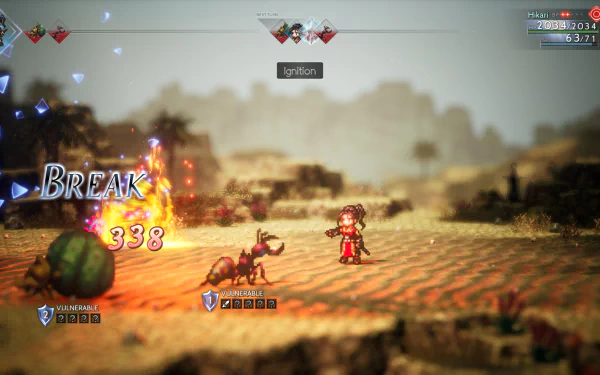 HD desktop wallpaper of Octopath Traveler II featuring an in-game battle scene with a 'Break' effect and damage points displayed.