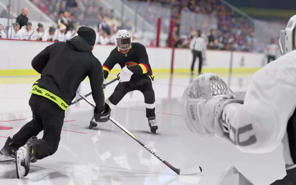 Hockey players competing on ice in NHL 24 video game, high-definition desktop wallpaper.