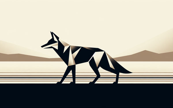 Abstract geometric coyote illustration in a minimalist style set against a mountain backdrop, ideal for HD desktop wallpaper and background use.