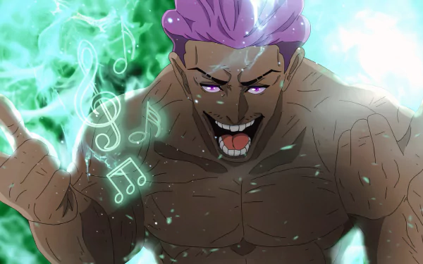 HD desktop wallpaper featuring Kinji Hakari from Jujutsu Kaisen anime, with vibrant energy and musical notes emanating from him.