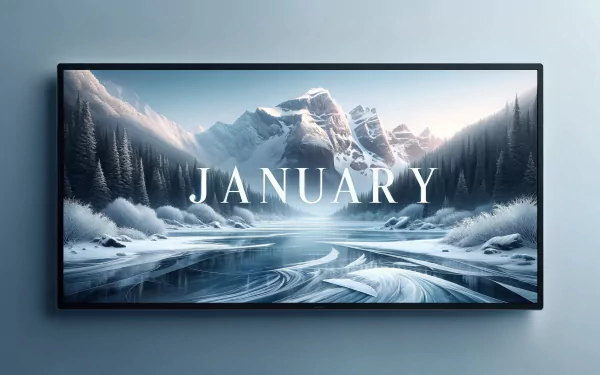 HD January-themed desktop wallpaper featuring a serene winter landscape with snowy mountains and frosty trees.