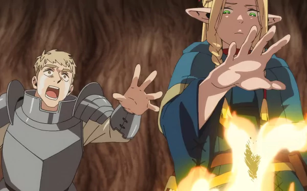 HD wallpaper featuring anime characters from Delicious in Dungeon with an intense magical scene for desktop background.